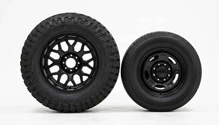 28 inch wheel and tire assembly beside a stock size truck wheel and tire for scale