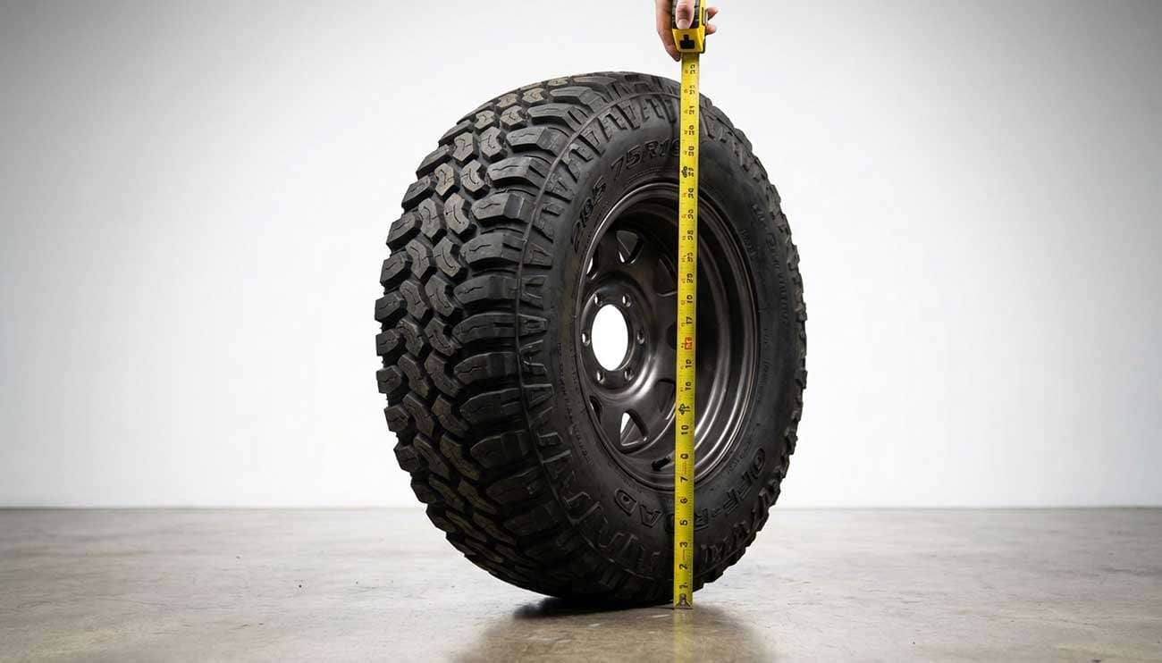 Close-up of a 285 75R16 off-road tire on a truck with a measuring tape showing its height in a garage