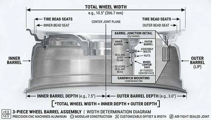 Diagram showing how inner and outer barrel half depth combine to set total 3-piece wheel width