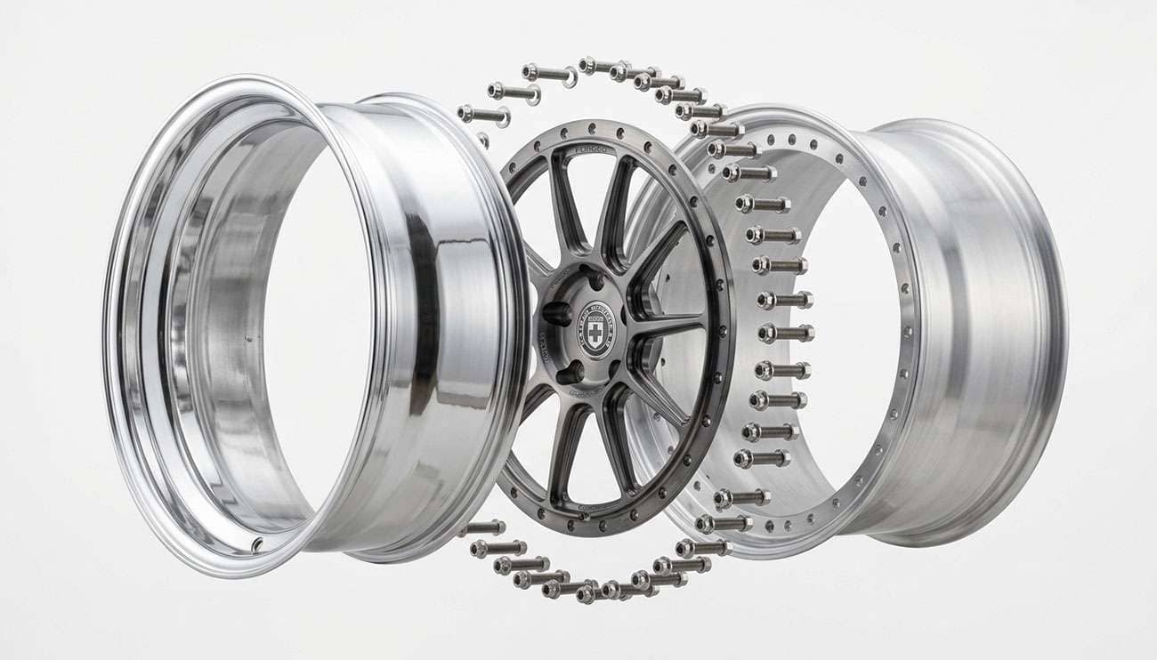 Exploded view of a 3-piece wheel showing the center disc, inner barrel half, and outer barrel half with assembly bolts