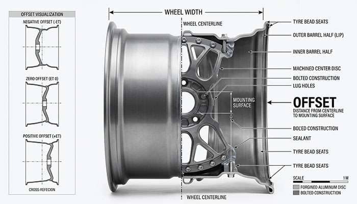 Cross-section of a 3-piece wheel illustrating offset measured from the center disc mounting surface to the wheel centerline