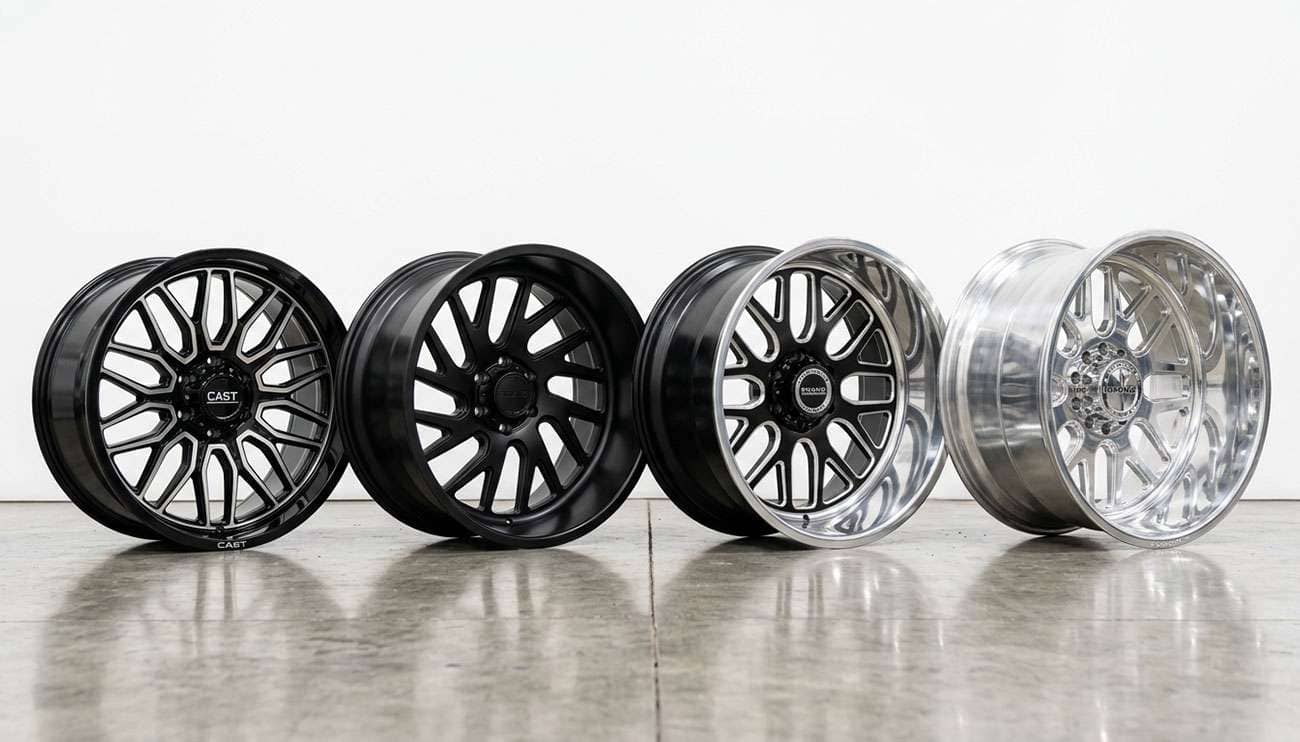 Set of four 30 inch custom wheels arranged on a shop floor showing different widths and finishes