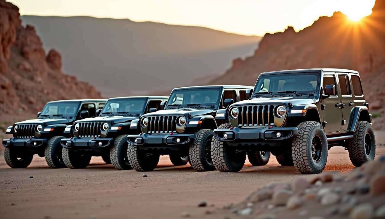 Five black off-road SUVs with progressively larger tires parked in a desert landscape at sunset