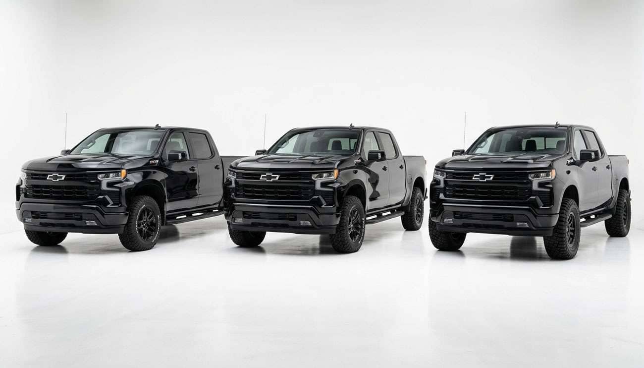 Three pickup trucks side by side showing the visual difference between 31 inch 33 inch and 35 inch tires on stock suspension