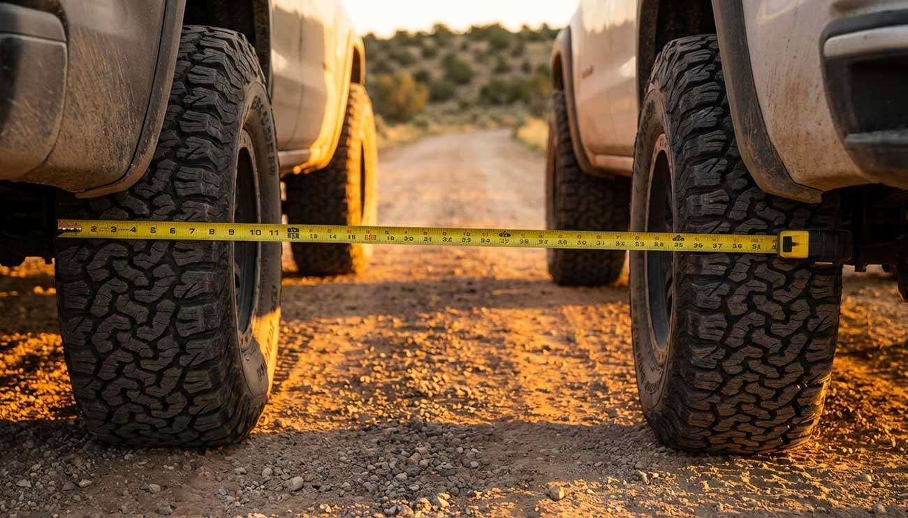Close-up of off-road tires on two vehicles with a tape measure between them at sunset on a dirt road