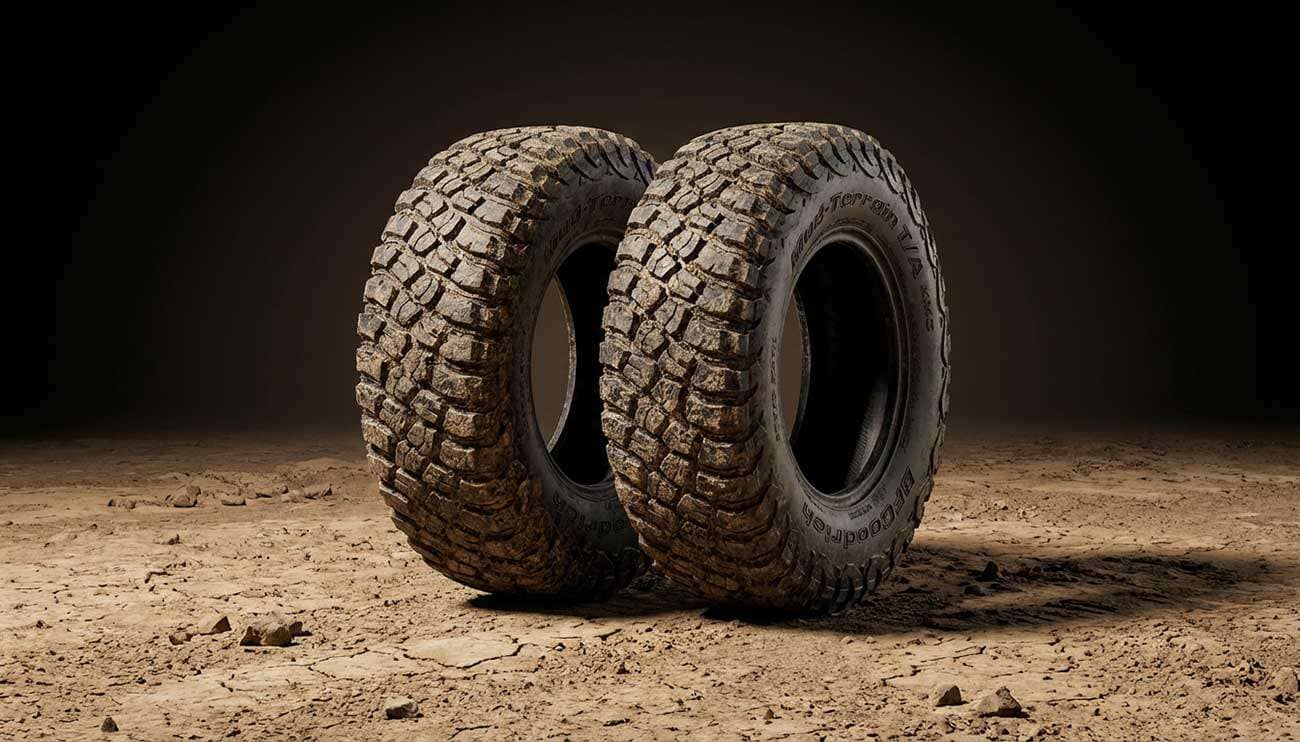 Two rugged off-road tires with deep treads standing on dirt for an expert 33x12.50R15 tire guide