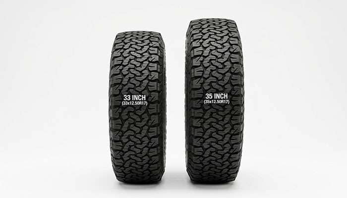 Side-by-side comparison of a 33-inch and a 35-inch all-terrain truck tire standing upright to show the height difference