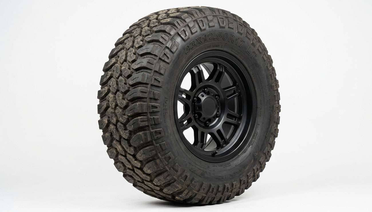 33x12.50R17 mud-terrain off-road tire mounted on a 17-inch black off-road wheel on a clean white seamless studio backdrop