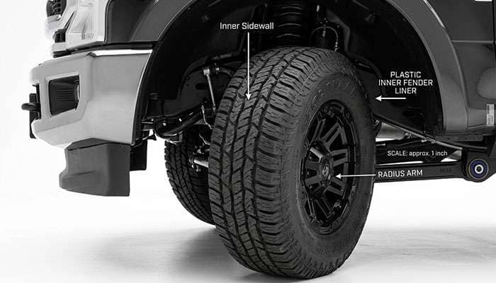 35-inch tire at full steering lock showing clearance to the radius arm and inner fender liner