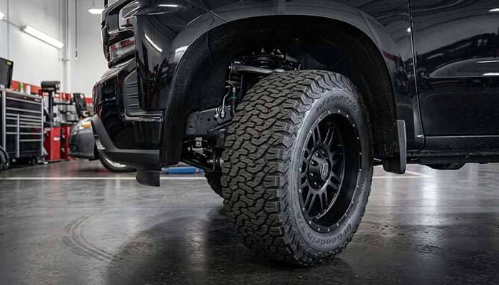 35-inch all-terrain tire on a negative offset wheel turned toward the fender liner of a leveled pickup truck