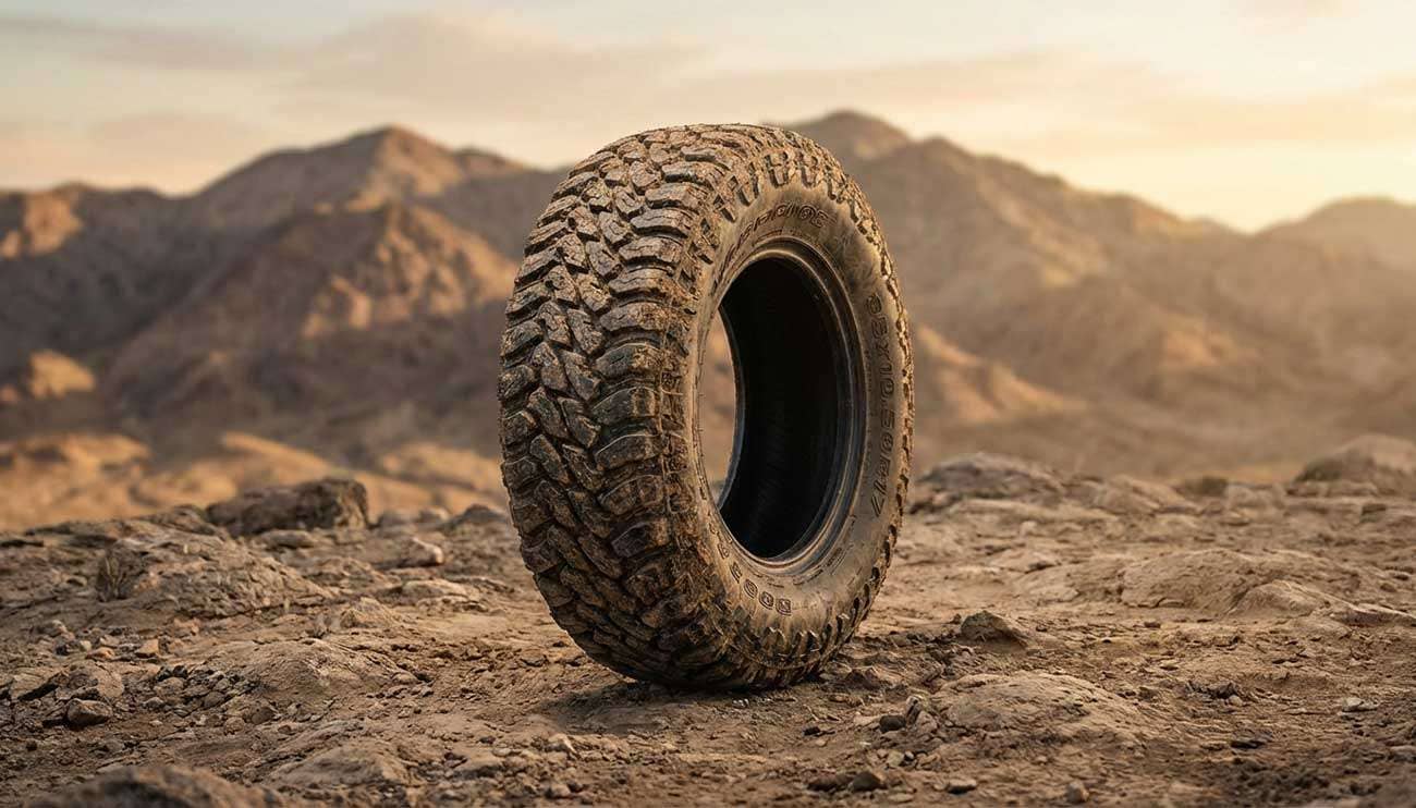 Close-up of a rugged off-road tire on rocky desert terrain with blurred mountains in the background