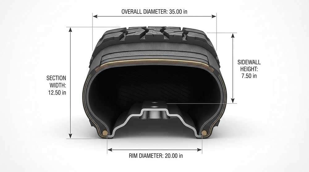 Tire size chart explaining section width, aspect ratio, radial construction, rim diameter, load rating, and speed rating