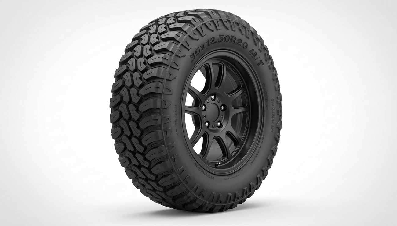 35x12.50r20 off-road tire mounted on black SUV wheel showing aggressive tread pattern