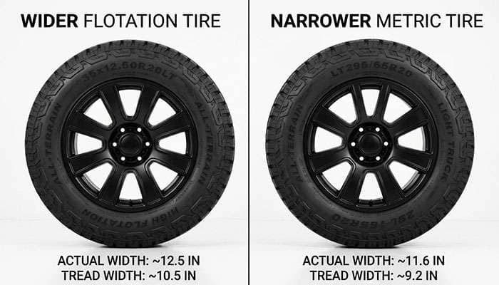 Side-by-side comparison of a 35x12.50R20 flotation tire and a 295/65R20 metric light truck tire