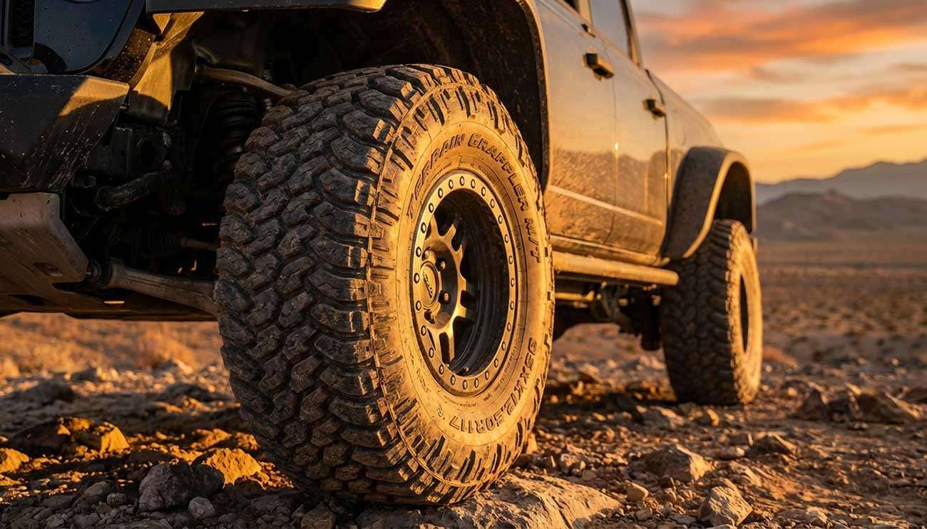 Close-up of a rugged off-road tire on a black 4x4 vehicle in a rocky desert landscape at sunset