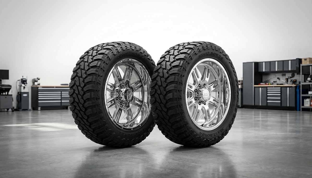 Two large off-road tires with chrome rims displayed in an automotive workshop with tools in the background