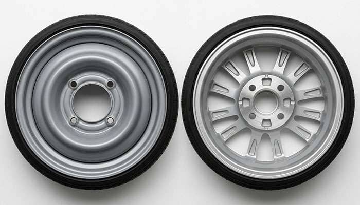 Two four-lug wheels shown from the back side by side, one with a large open center bore and one with a small machined center bore