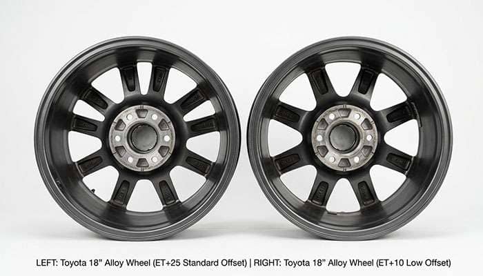 Side-by-side comparison of two Toyota 4Runner 18-inch wheels with different offsets viewed from the back side