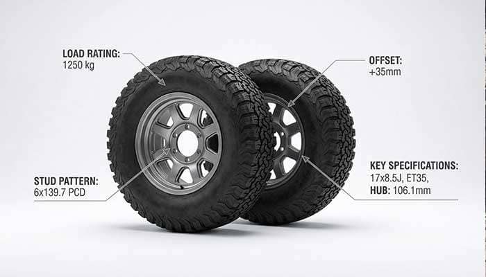 Diagram of 4WD wheels and tires highlighting key features like load ratings, wheel offsets, and stud patterns.