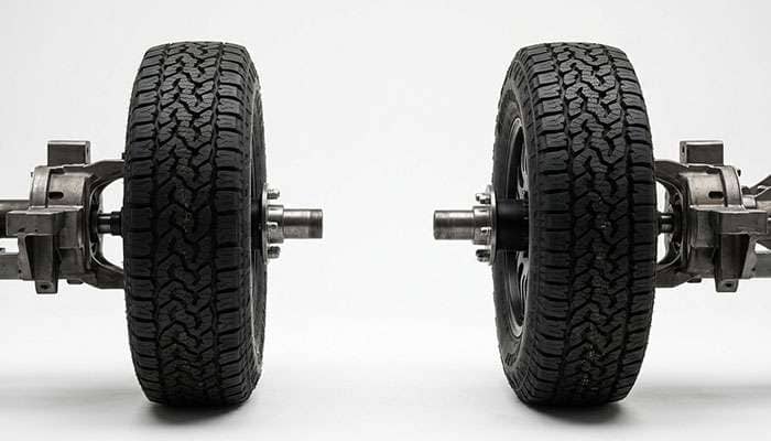 Side by side rear hub and wheel assembly showing how far the tire centerline sits from the bearing