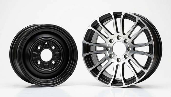 A small utility quad wheel and a large diameter side by side wheel standing together to show the size range within one bolt pattern