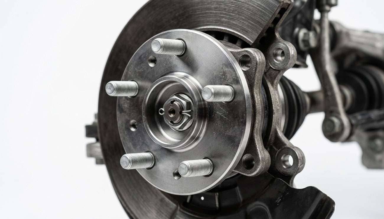 Close-up of a bare five-lug vehicle hub showing studs arranged on a 105mm circle with the center pilot visible