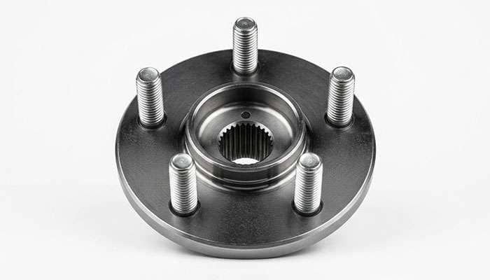 Close-up of a five-lug wheel hub showing the 5x108 bolt pattern