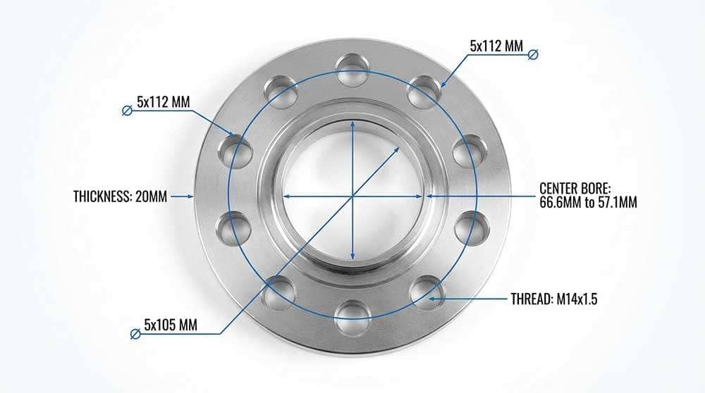 Technical drawing of a 25 mm bolt pattern conversion adapter with 5x105 and 5x112 bolt hole dimensions