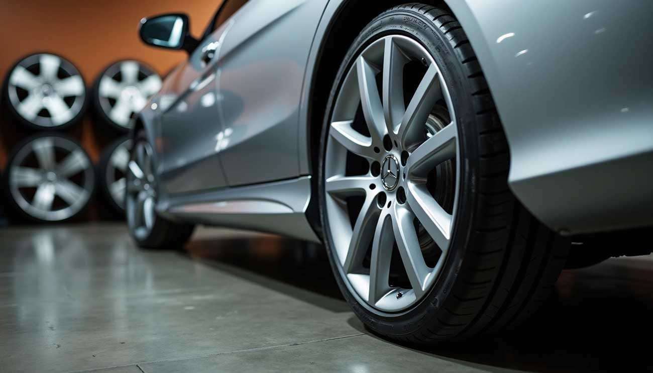 Close-up of a silver Mercedes-Benz wheel with a 5x112 bolt pattern in a showroom with wheels displayed on the wall