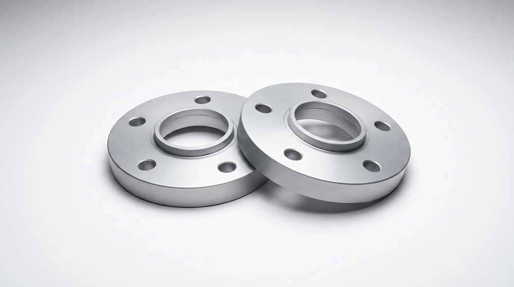 Two silver 5mm hubcentric wheel spacers with 5x112 bolt pattern and precision logo stamped