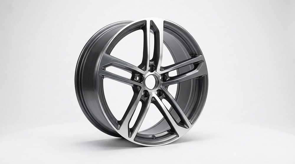 18-inch 5x112 RS7 style gray polished alloy wheel displayed on grass with a yellow BMW car backdrop