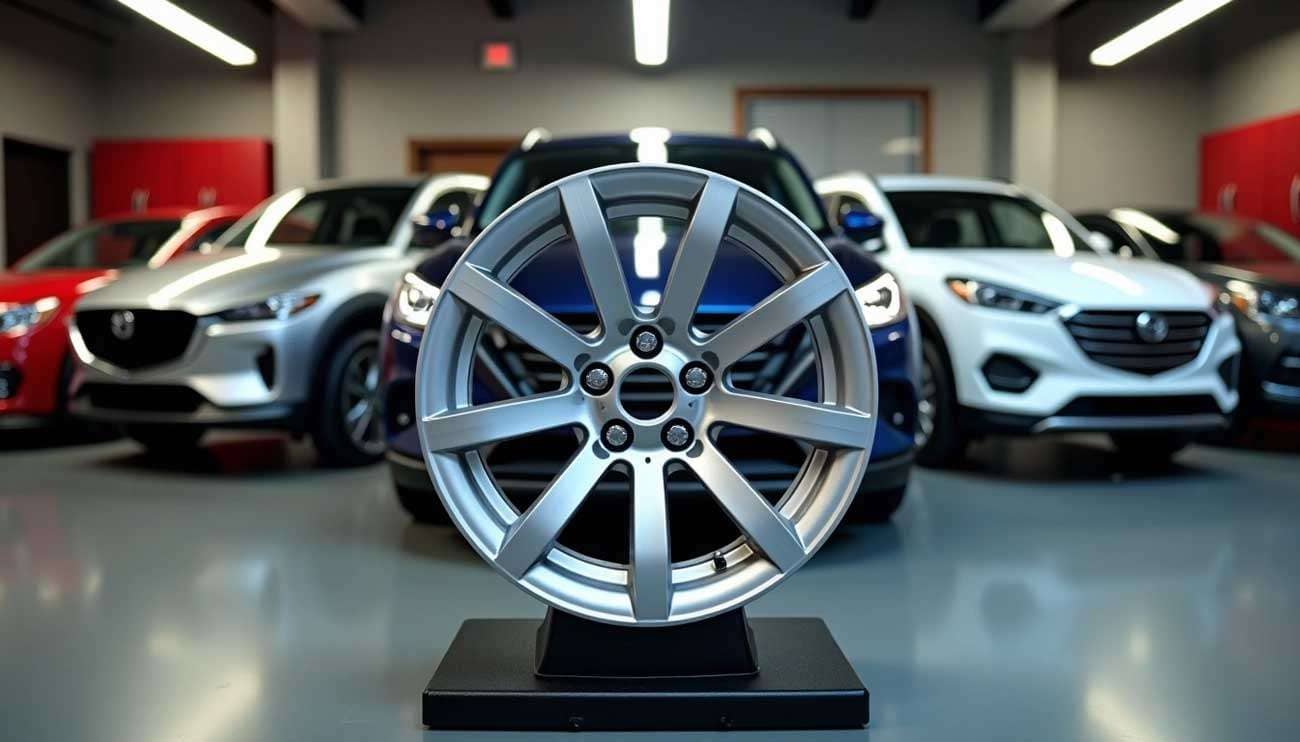 Silver alloy wheel with 5x114.3 bolt pattern displayed in front of various cars in a showroom