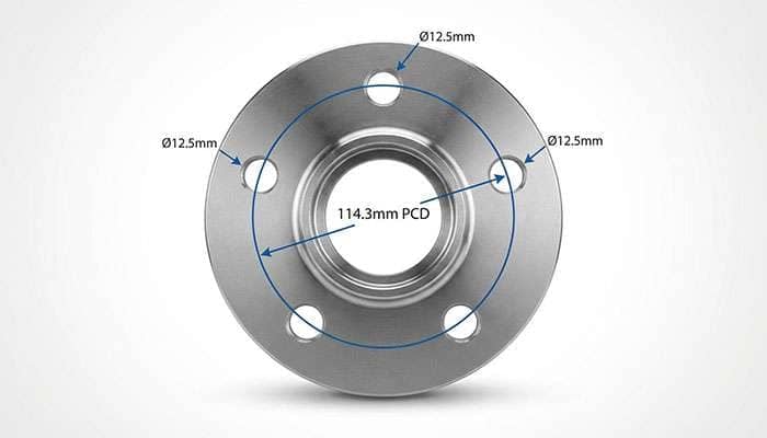 Diagram showing a 5x114.3mm bolt pattern with five bolt holes and measurements in blue and red lines