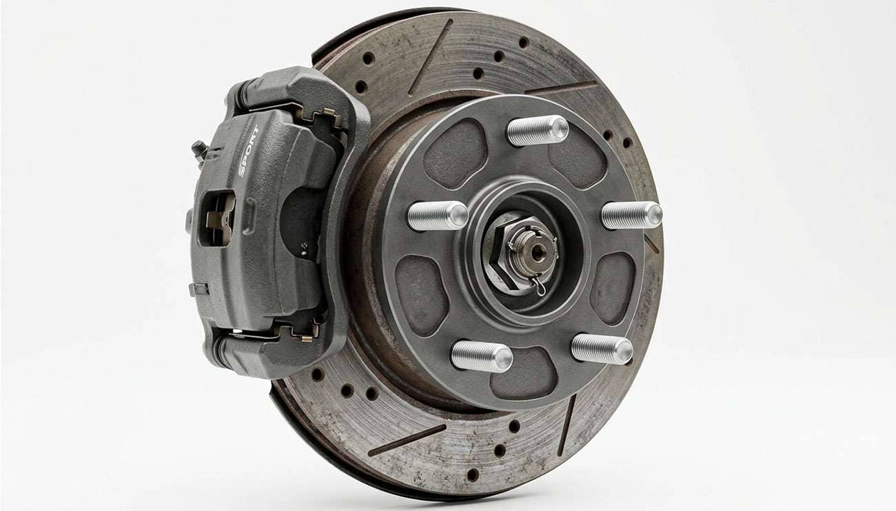 Close-up of a five-lug wheel hub showing the 5x115 bolt pattern with studs arranged on a 115mm circle, on a clean white studio backdrop