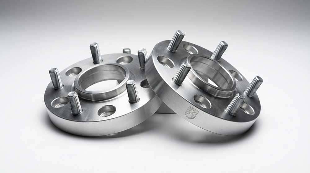 Pair of silver billet aluminum wheel adapters with 5x120 to 5x5 bolt pattern conversion and lug studs