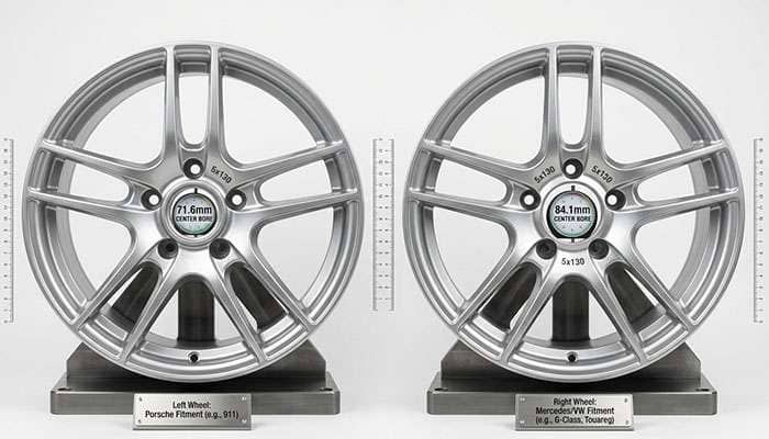 Two 5x130 wheels with different center bore sizes shown side by side on a white studio backdrop
