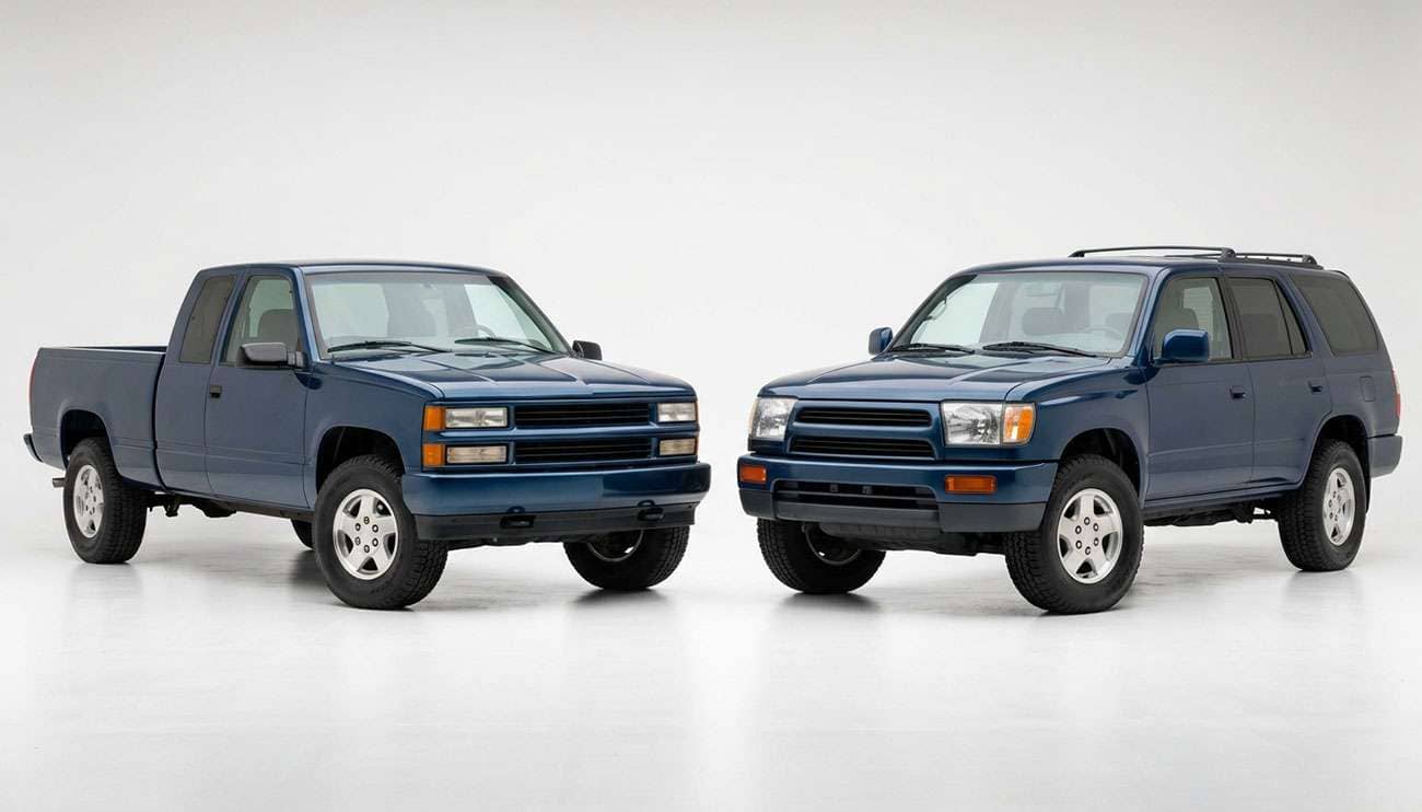Late 1990s full-size American pickup truck and full-size SUV parked together, both riding on five-lug wheels with the 5x135 bolt pattern
