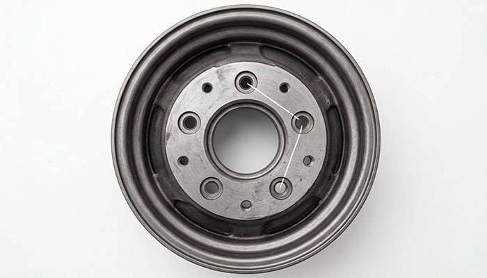 Back of a five-lug truck wheel showing the bolt circle with measurement indicators spanning between stud holes