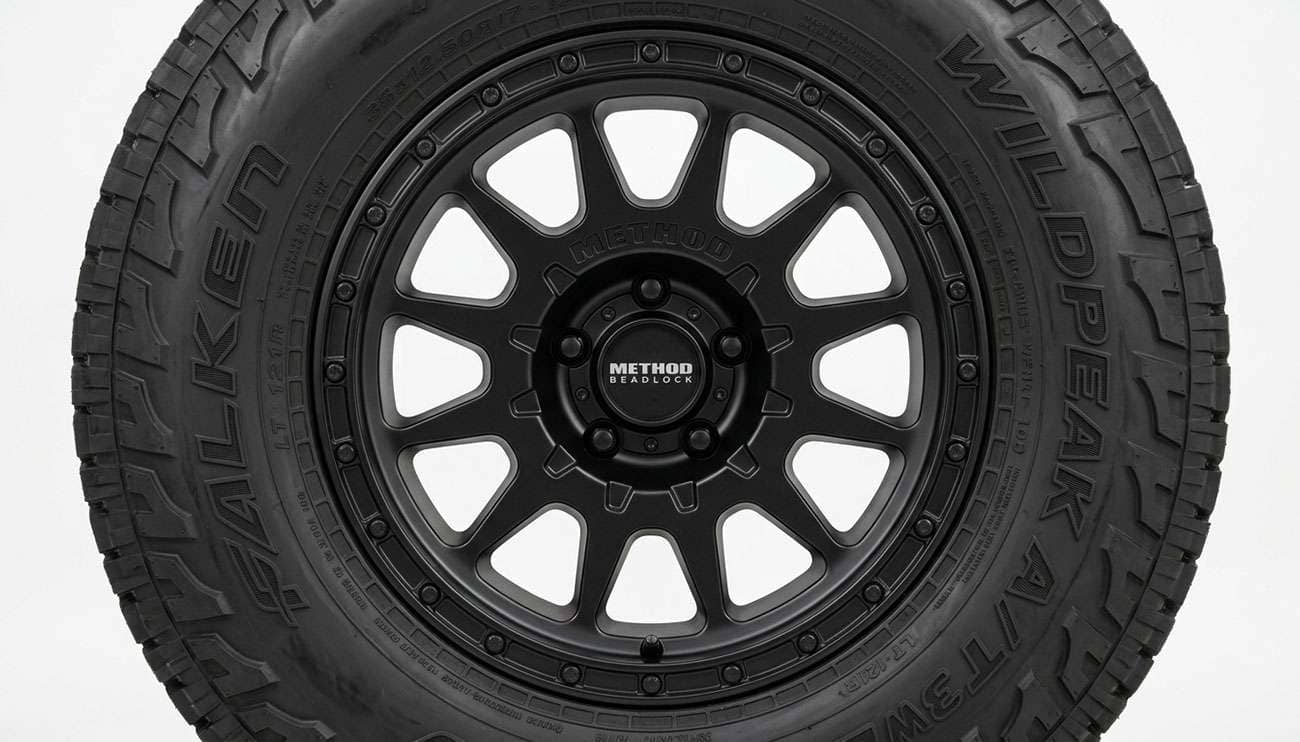 Off-road truck wheel with a 5x139.7 five-lug bolt pattern shown face-on