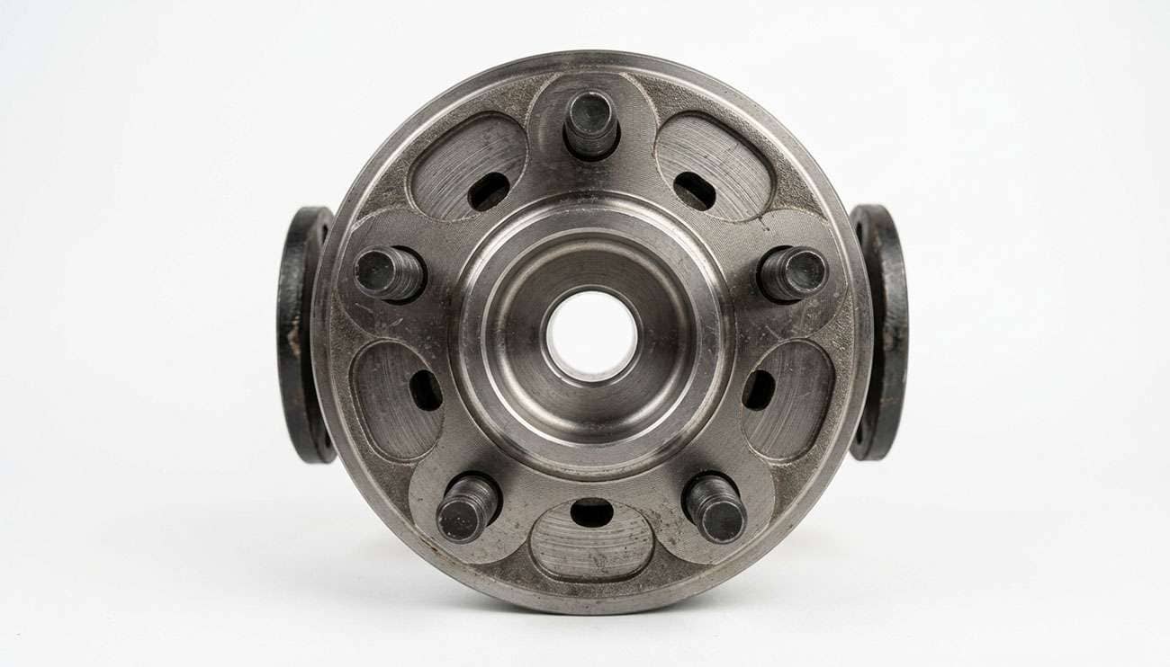 Five-lug 5x150 truck wheel hub with studs exposed, showing the wide bolt circle spacing