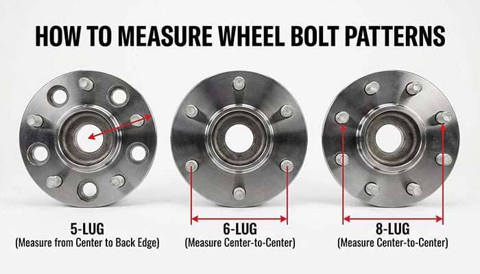 Diagram showing how to measure wheel bolt patterns for five, six, and eight lug wheels with measurement instructions