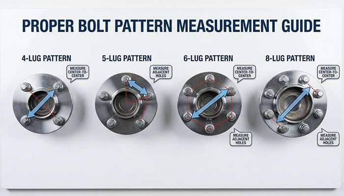 Diagram showing how to measure 4, 5, 6, and 8-lug bolt patterns by measuring distances between bolt holes