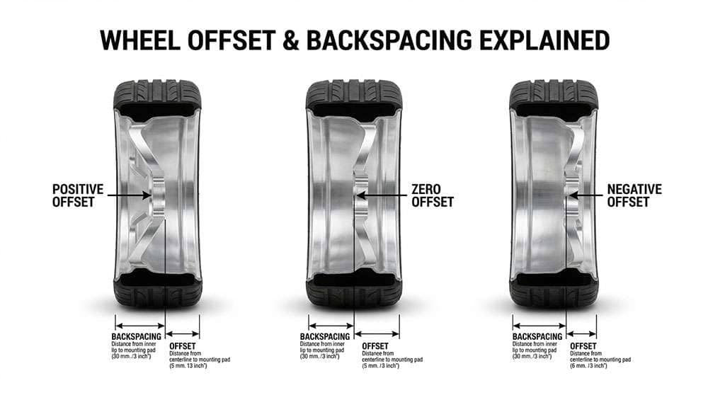 Diagram explaining wheel offset and backspacing and their effects on car fitment and performance