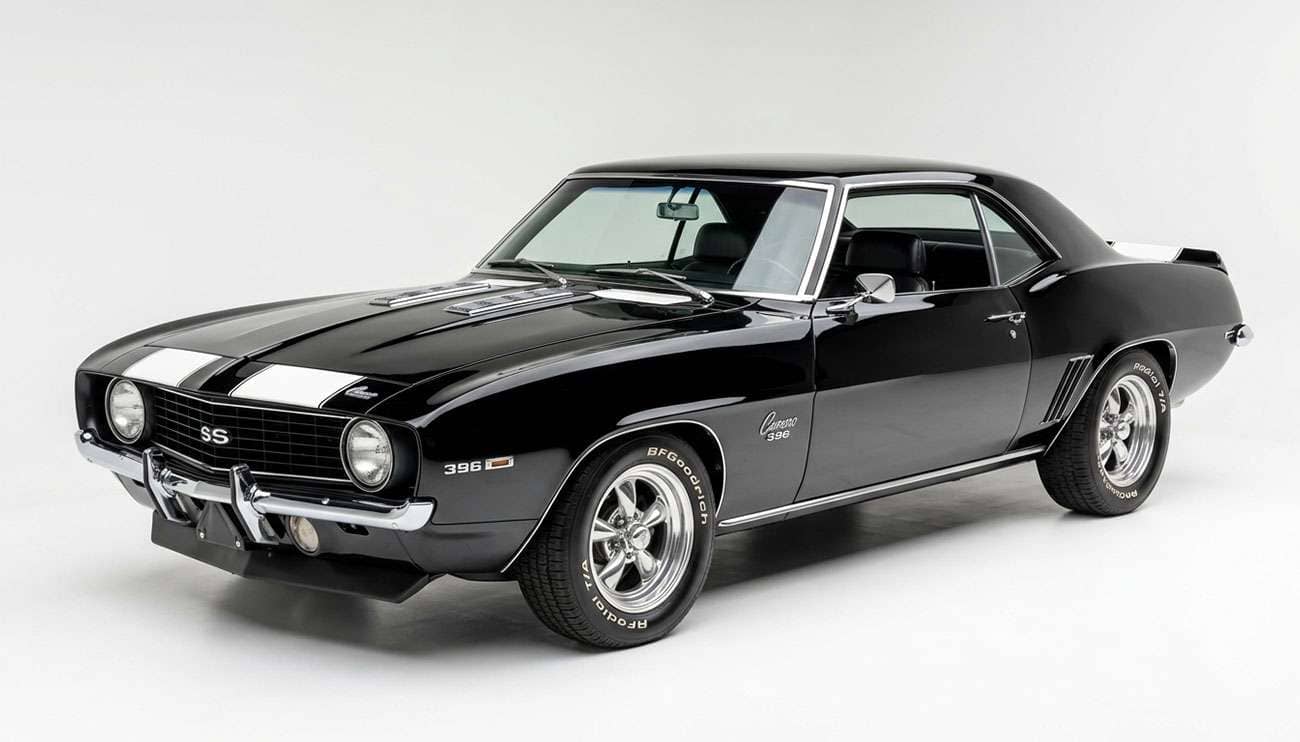 Classic 1960s American muscle car with polished five-spoke wheels on a clean white studio background