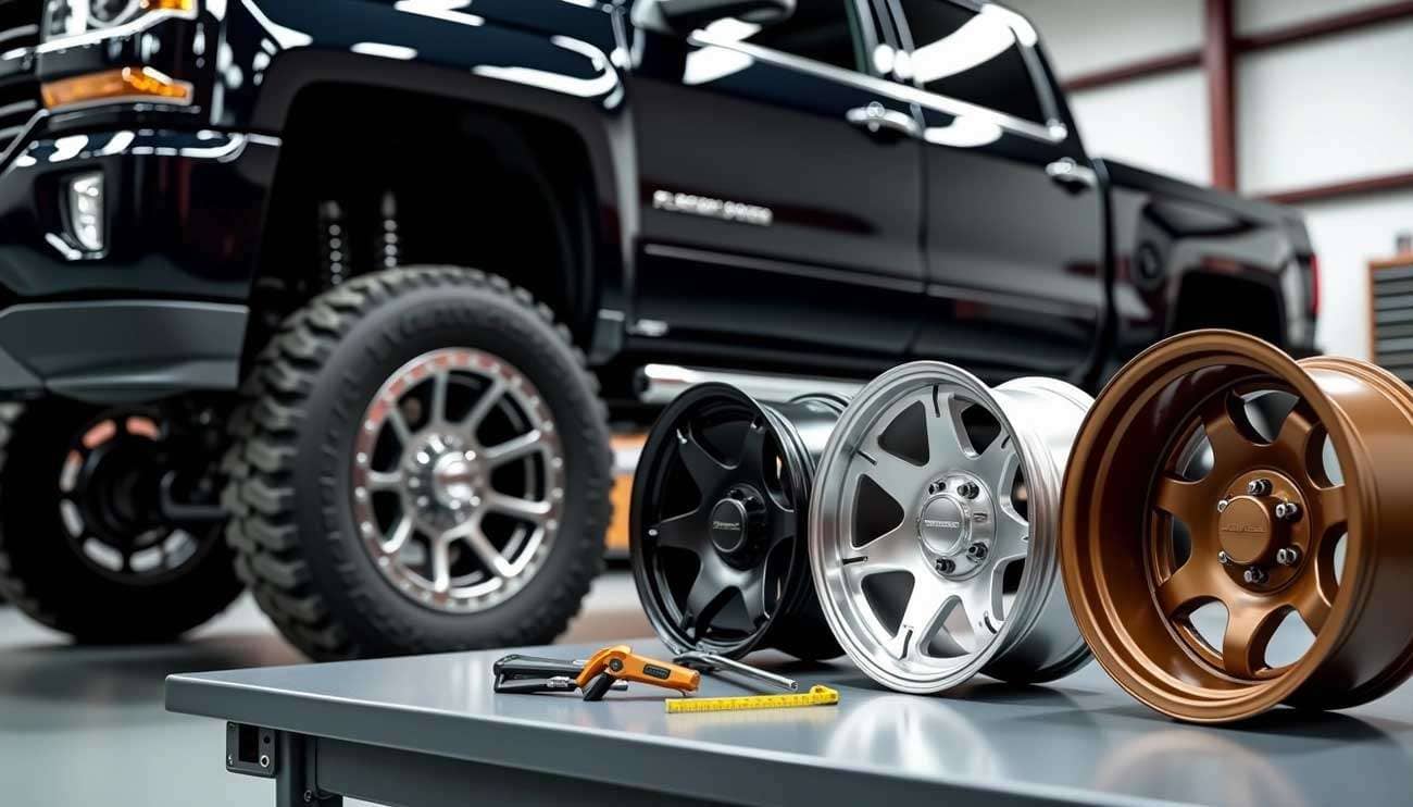 Three different 6-lug Chevy wheels displayed on a table with a black Chevy truck in the background