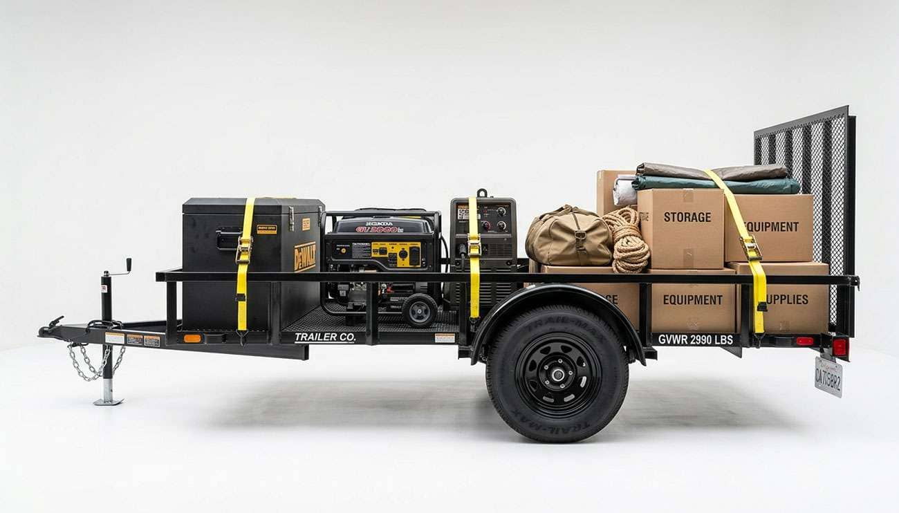 Loaded utility trailer showing proper cargo placement with heavier items ahead of the axle on a clean white studio surface