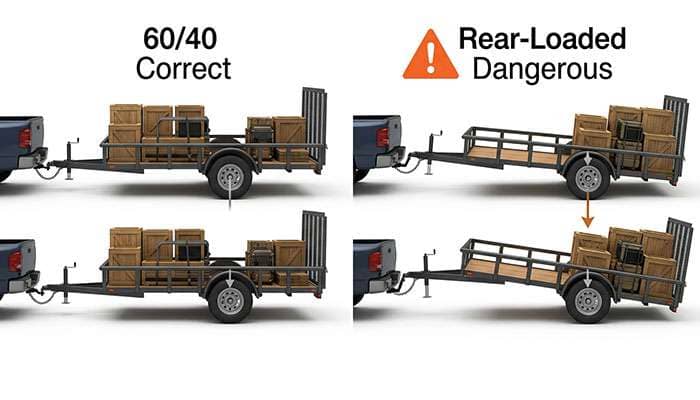 Two trailer loading diagrams side by side showing 60/40 forward-biased loading versus unstable 50/50 or rear-biased loading on a clean white surface