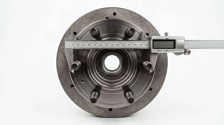 Six-lug wheel hub viewed straight on with a caliper measuring across two opposite studs to show the bolt circle diameter