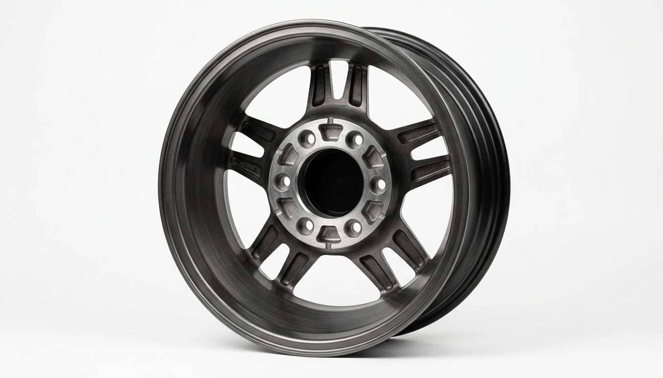 Rear of a six-lug aftermarket wheel showing the bolt circle and center bore, photographed on a clean white backdrop