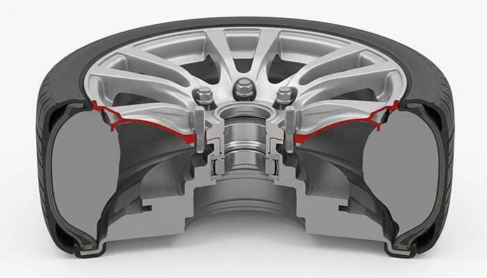 Cutaway view of a wheel center bore seated against a vehicle hub flange showing hub centric contact
